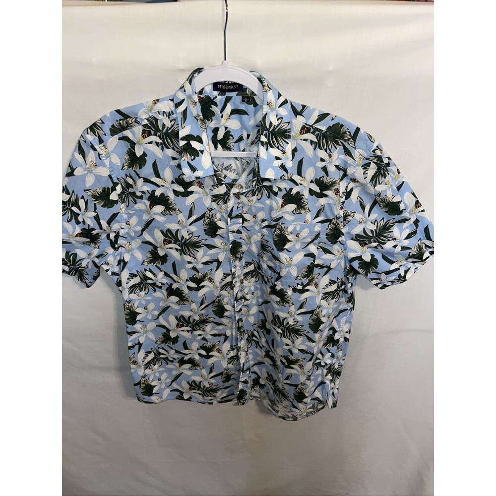 Hisdern Hawaiian Shirt Men’s Size Large Blue Floral Button Up Short Sleeve